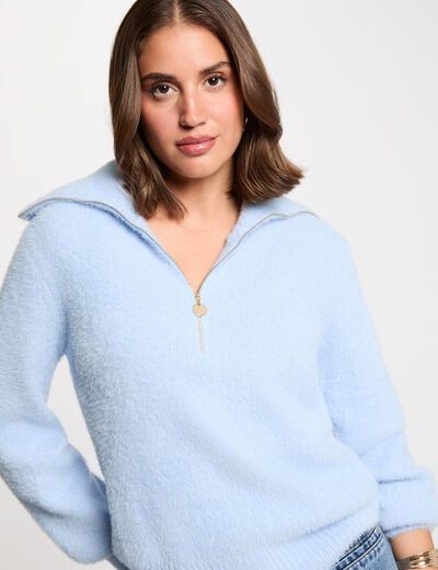 Pull manches longues à col zippé bleu ciel femme
