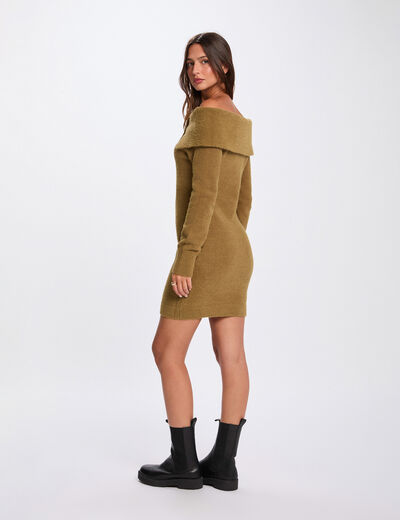 Robe courte col bardot camel femme