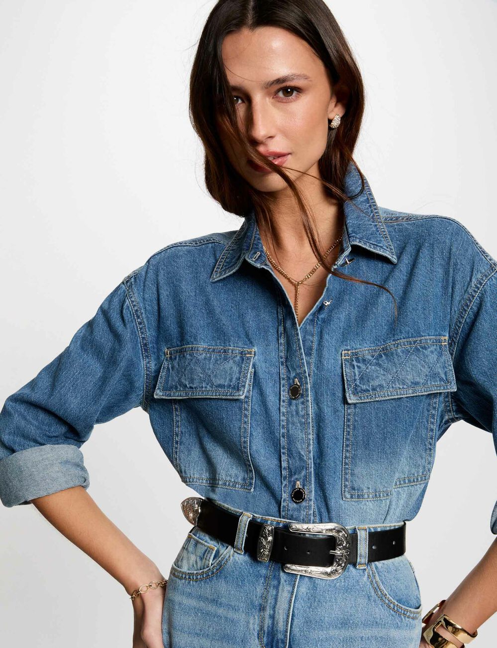 Recht spijkerjasje stone washed denim vrouw