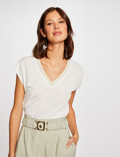 T-shirt met V-hals en korte mouwen ivoor vrouw