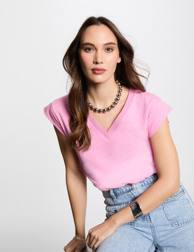 T-shirt met V-hals en korte mouwen roze vrouw