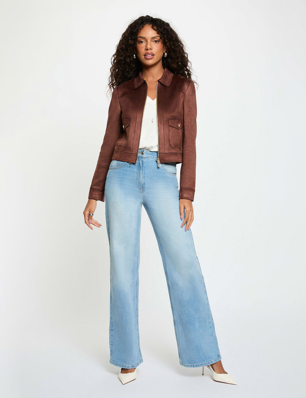 Blouson court su&eacute;dine marron fonc&eacute; femme