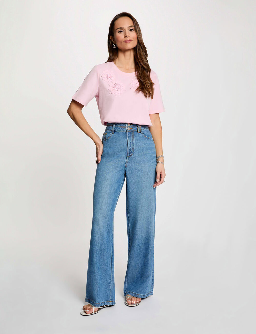 Recht T-shirt met ronde hals roze vrouw