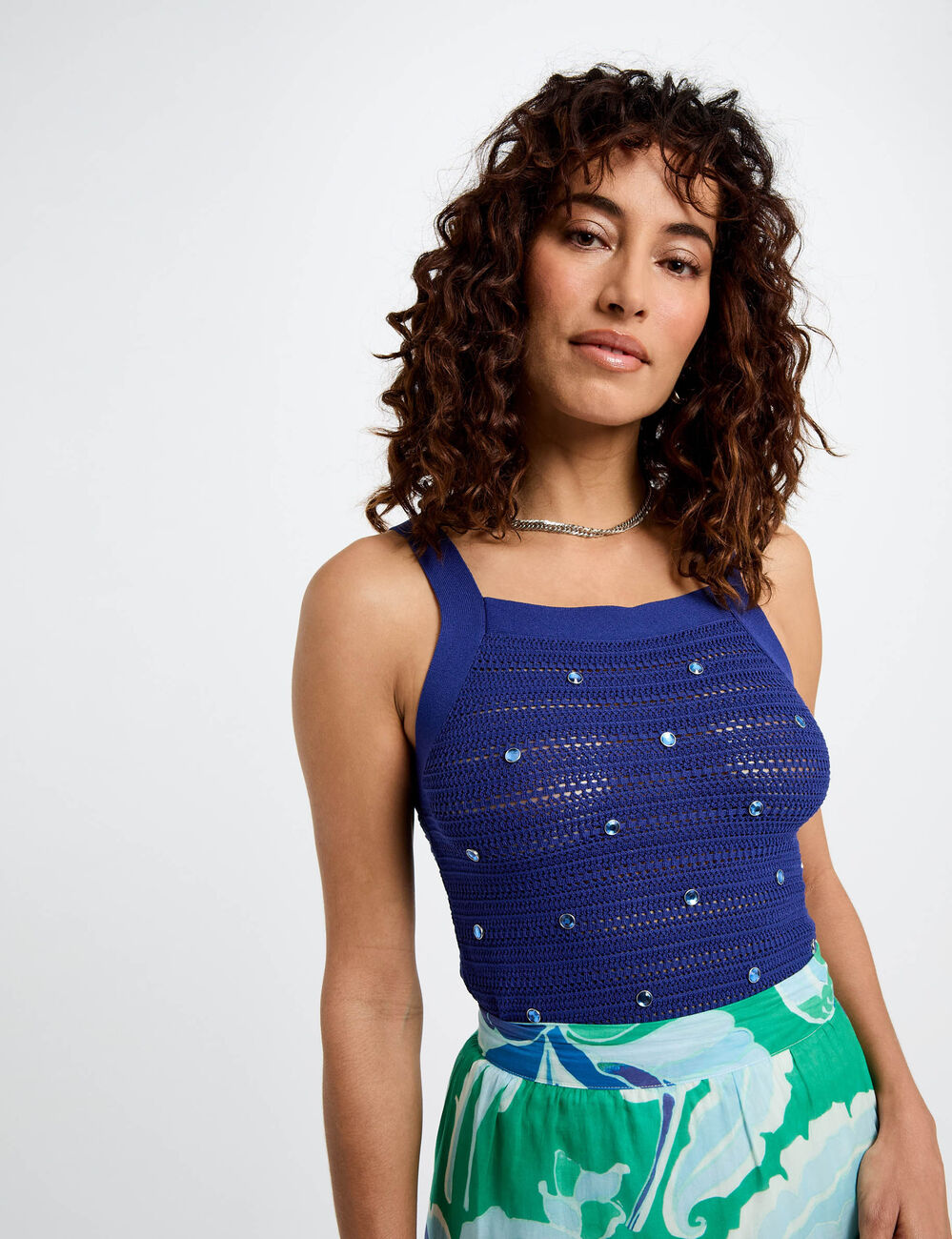 Gebreide top met brede bandjes bleu electrique vrouw