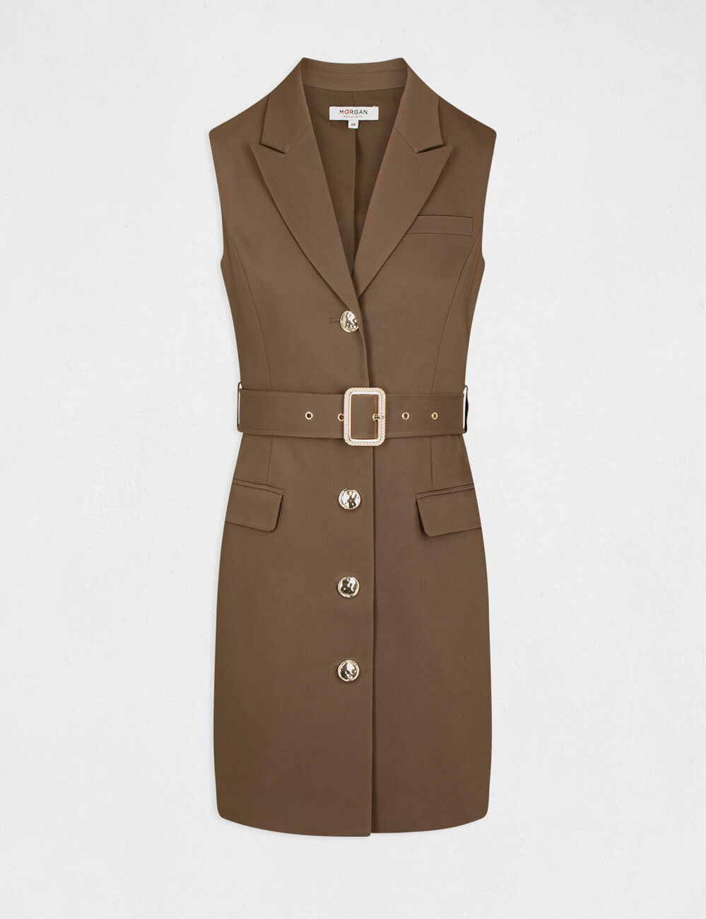 Mouwloze rechte jurk met knopen brons vrouw