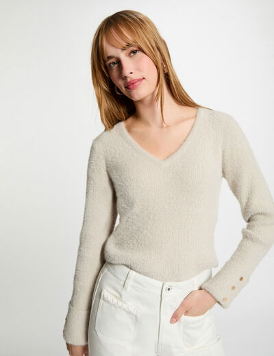 Pull manches longues avec col en V sable femme