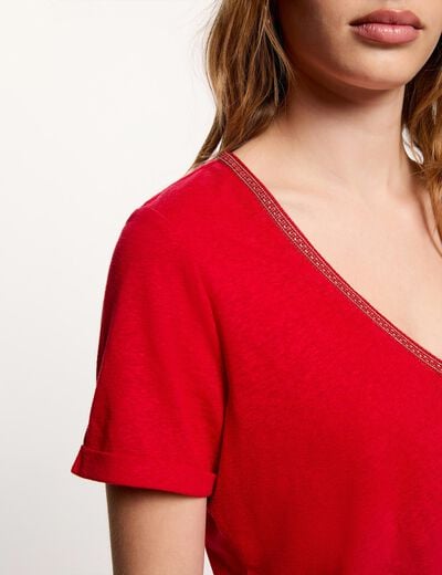 T-shirt met parels en V-hals rood vrouw