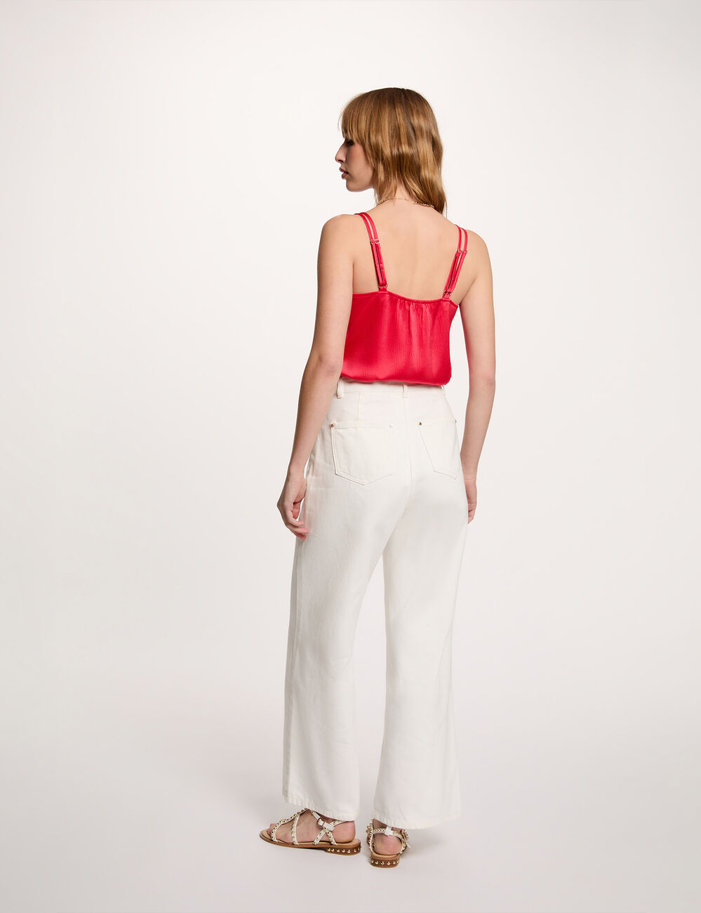 Satijnen top met bandjes koraalrood vrouw