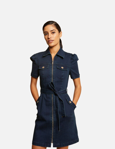 Robe droite zippée ceinturée en jean jean brut femme