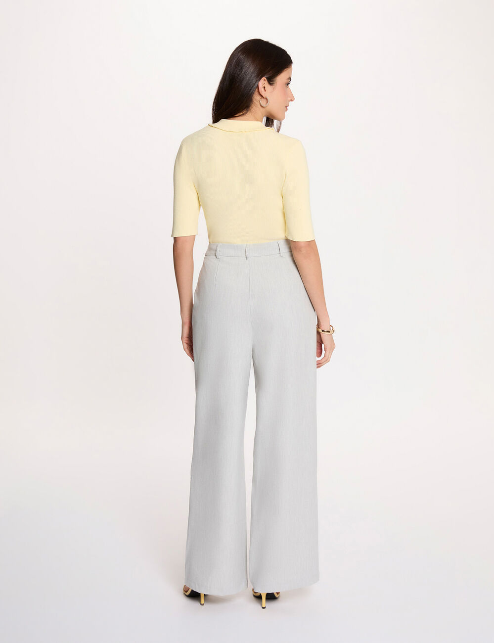 Pantalon large taille haute gris clair femme