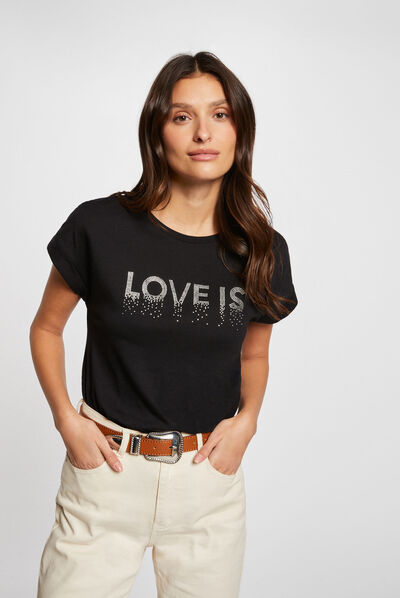 T-shirt inscription et strass noir femme
