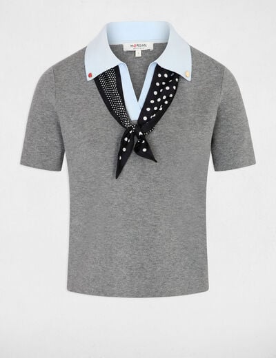 Top met korte mouwen en reverskraag gris clair vrouw