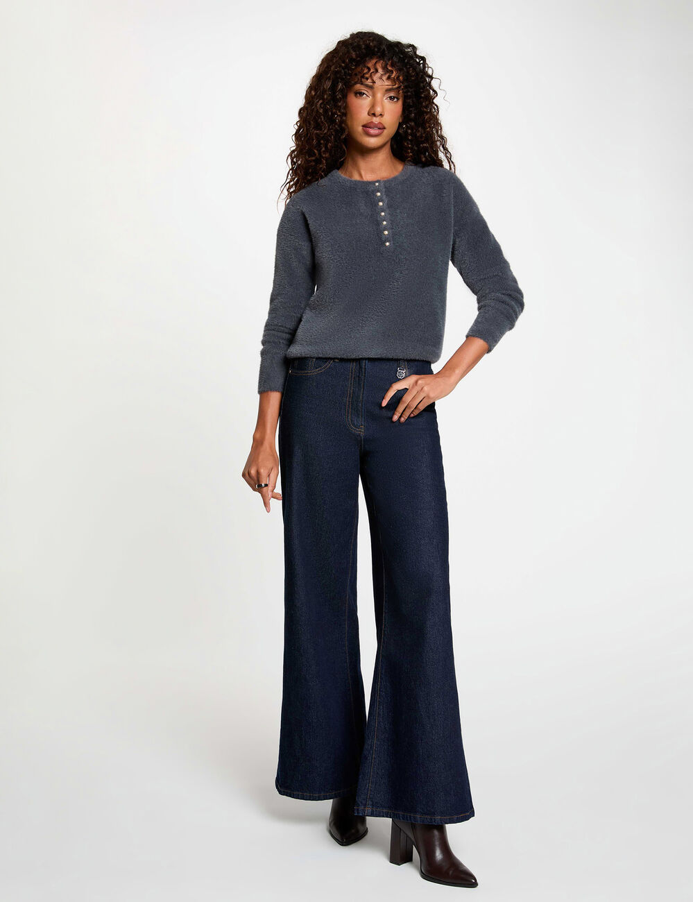 Pull col rond &agrave; boutons denim gris fonce femme