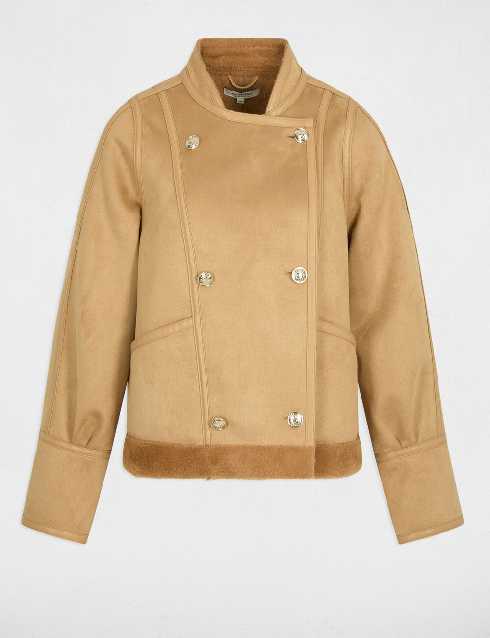 Veste courte peau lainée marron cognac femme