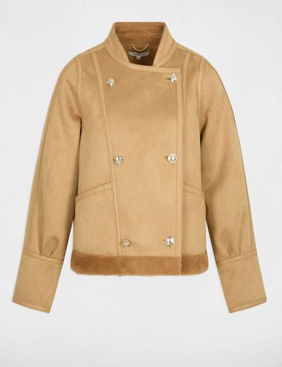 Veste courte peau lainée marron cognac femme