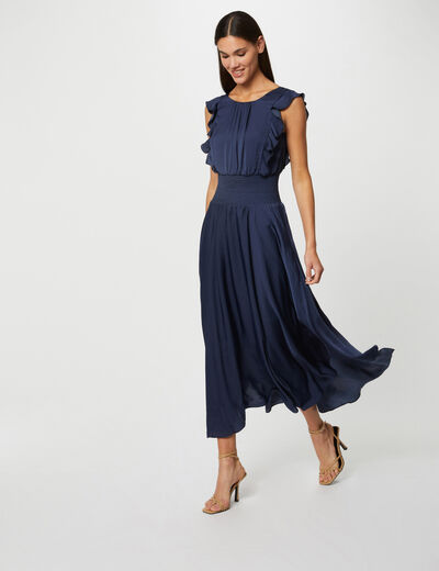 Robe longue évasée à taille smockée indigo femme