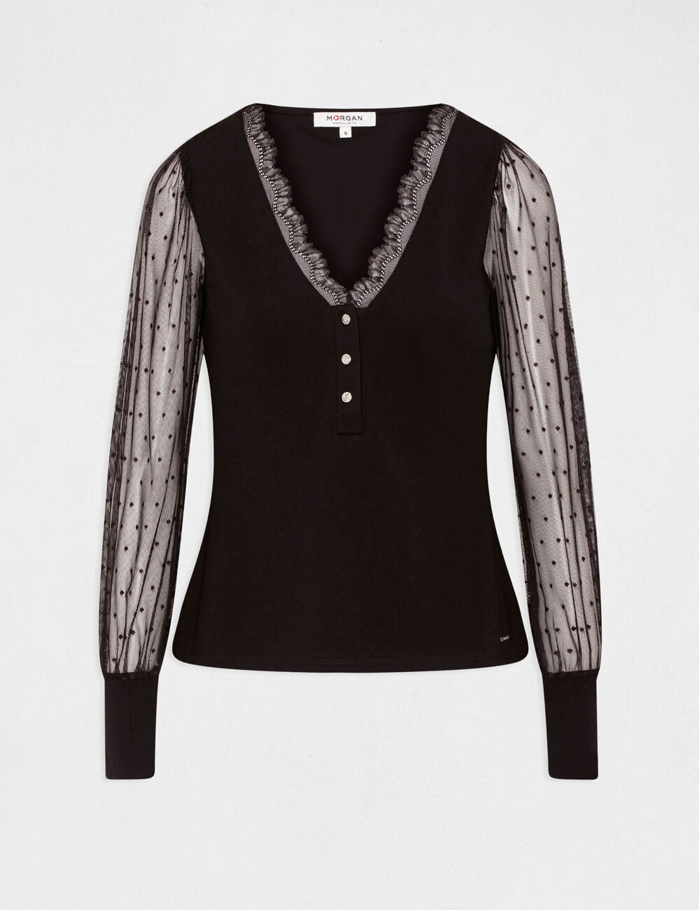 T-shirt manches longues en plumetis noir femme