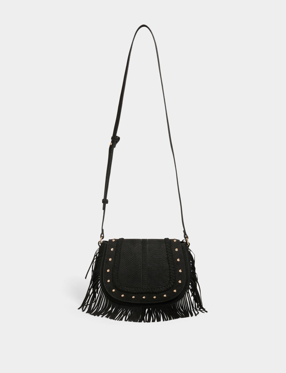 Sac besace croco à franges noir femme