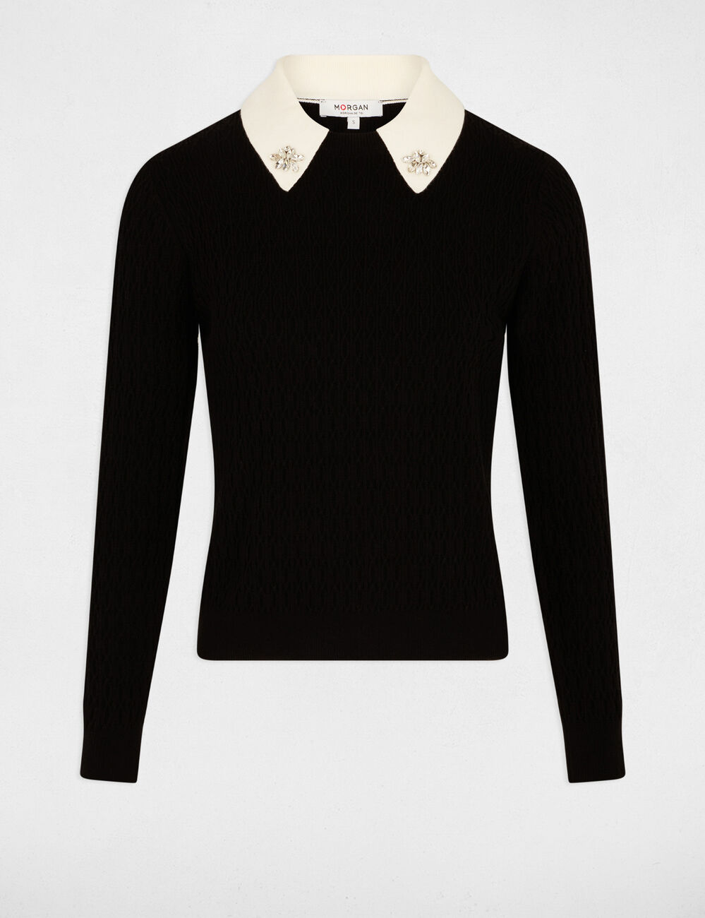 Pull ajusté col chemise noir femme