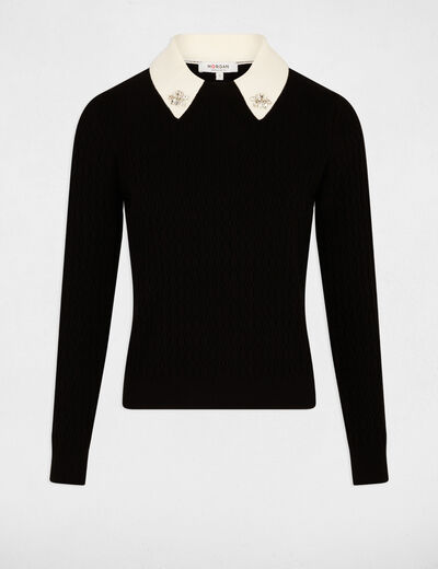 Pull ajusté col chemise noir femme