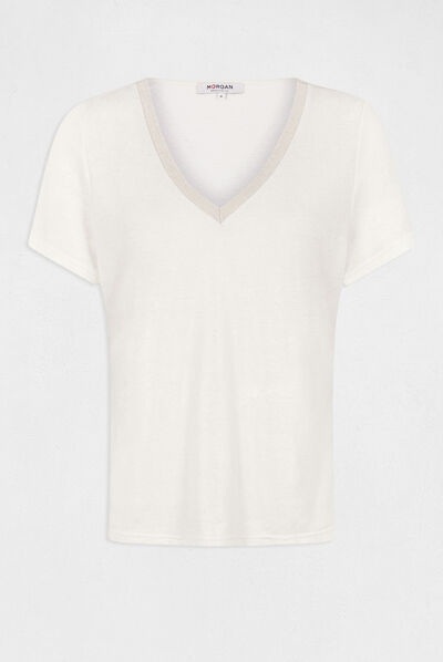 T-shirt met korte mouwen en V-hals ecru vrouw