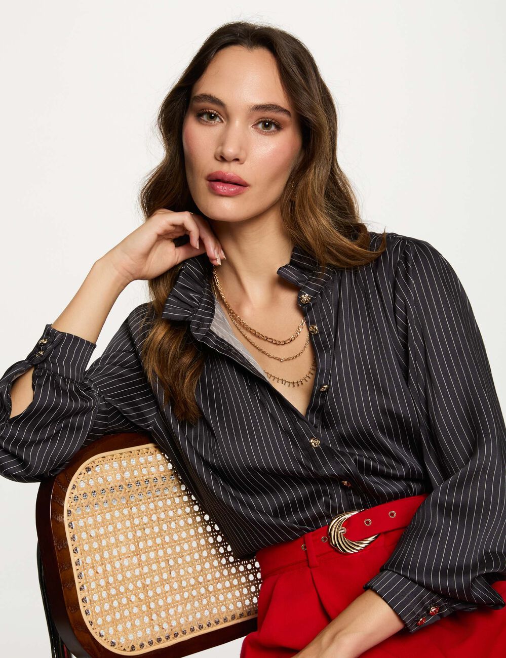 Chemise satinée rayée bleu marine femme