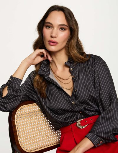 Chemise satinée rayée bleu marine femme