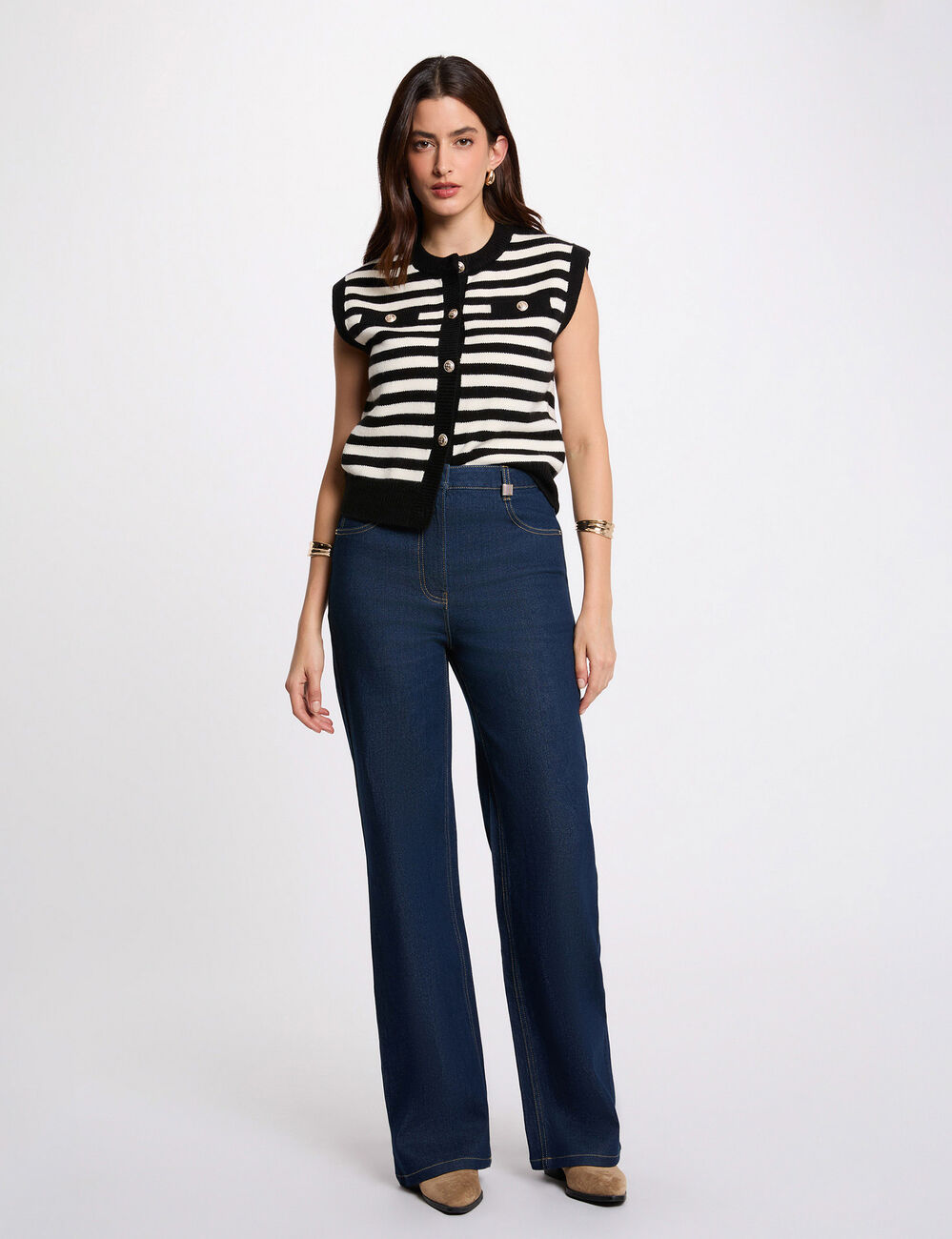 Gilet ray&eacute; sans manches ivoire femme