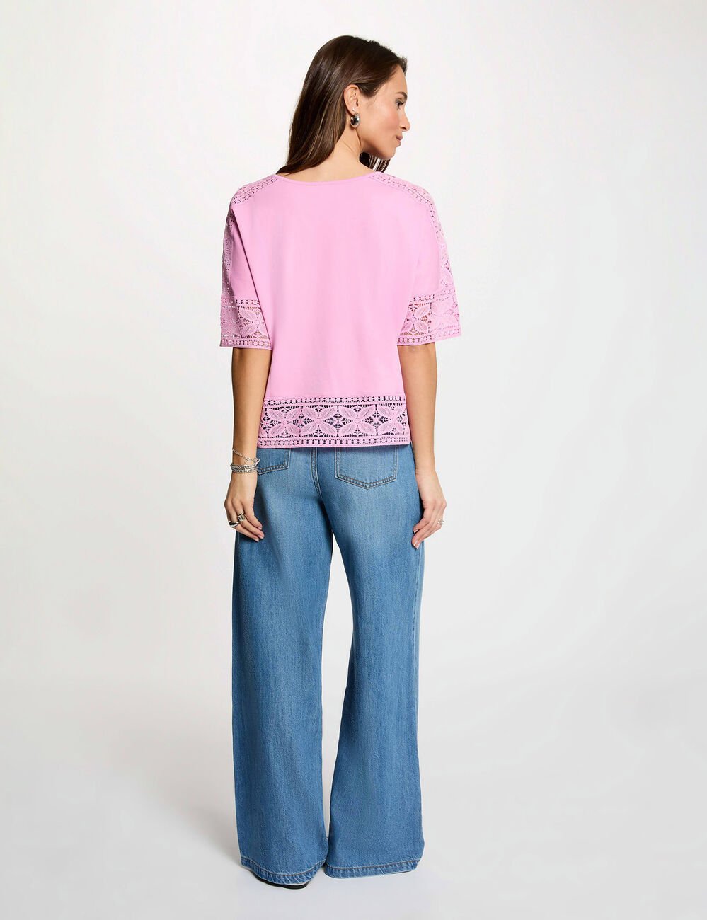 T-shirt dentelle col rond rose femme