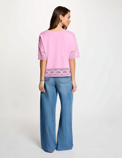T-shirt dentelle col rond rose femme