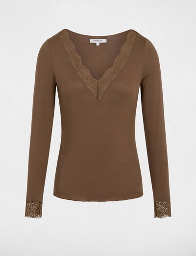 T-shirt met V-hals en kant brons vrouw