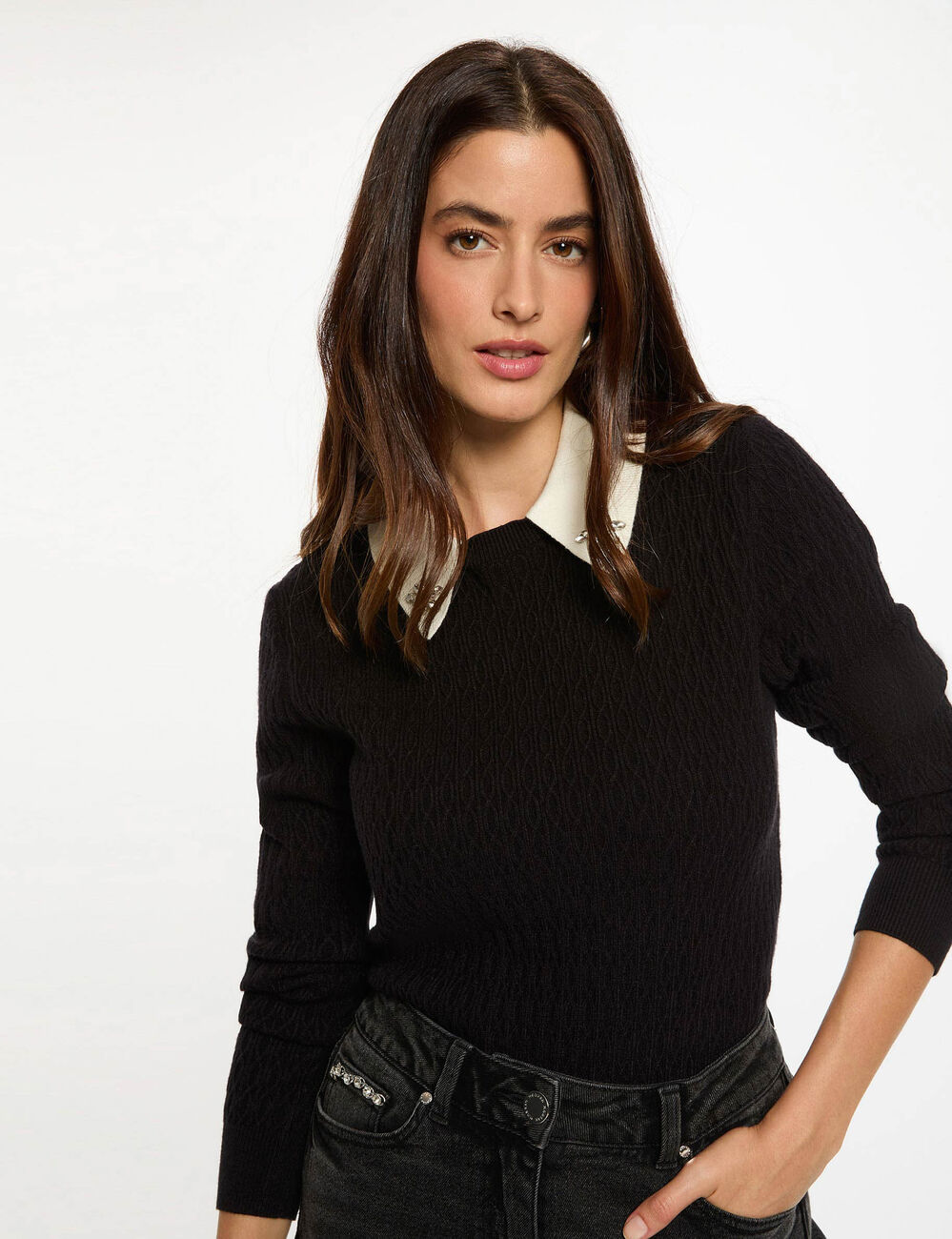Pull ajusté col chemise noir femme