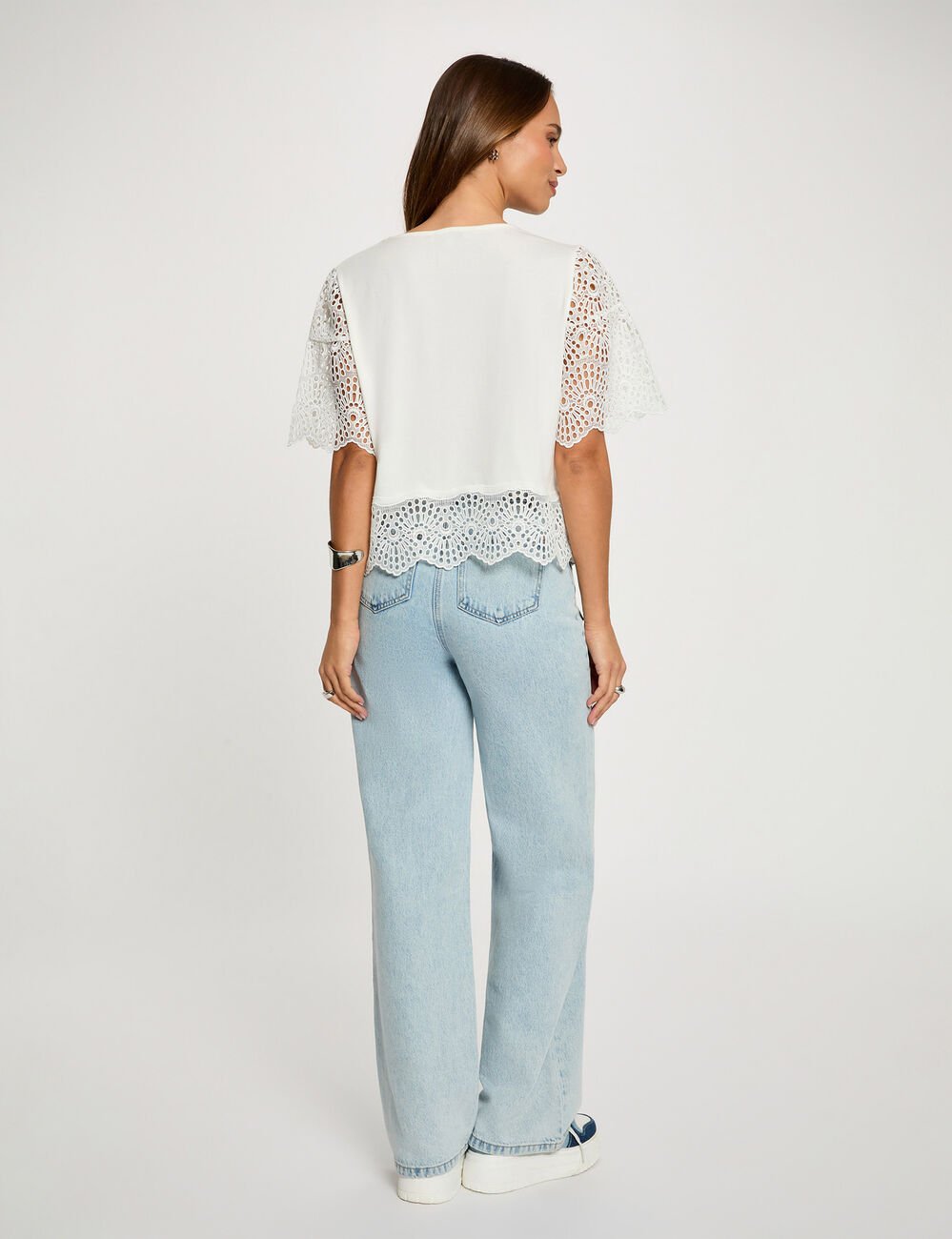 T-shirt dentelle col rond blanc femme