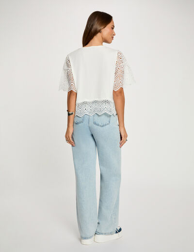 T-shirt dentelle col rond blanc femme