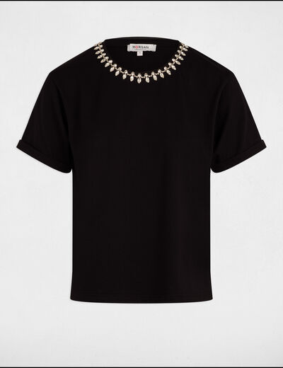 T-shirt manches courtes bijoux noir femme