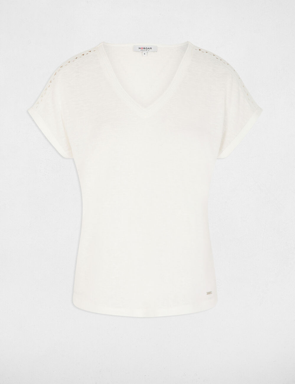 T-shirt met V-hals en korte mouwen helder wit vrouw