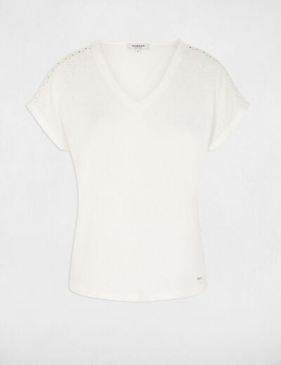 T-shirt met V-hals en korte mouwen helder wit vrouw