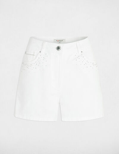 Short droit en jean strass ecru femme