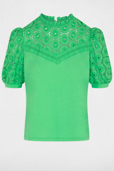 T-shirt manches courtes brodé vert femme