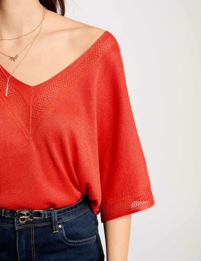 Trui V-hals en korte mouwen donker oranje vrouw