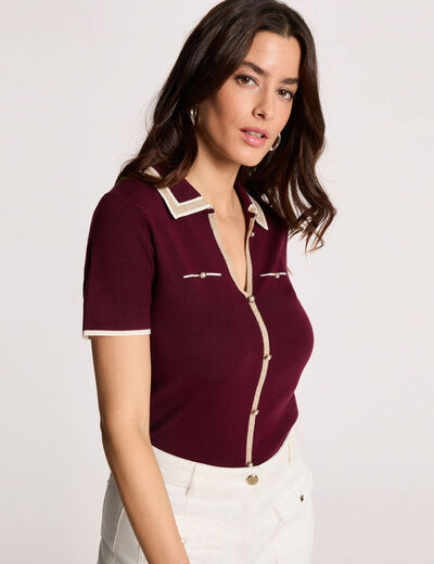 Pull col polo manches courtes prune femme