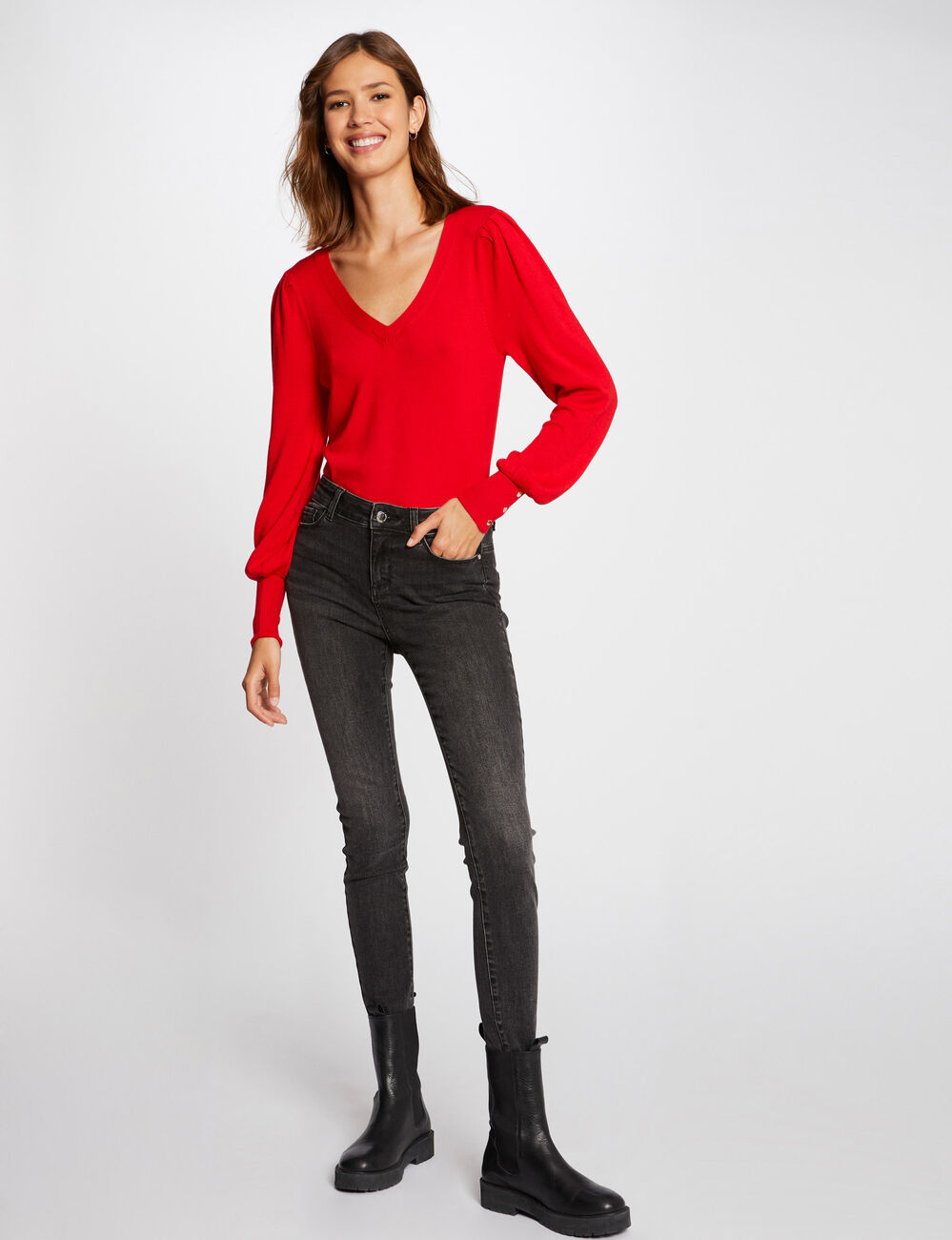 Trui met lange mouwen en V-hals rood vrouw