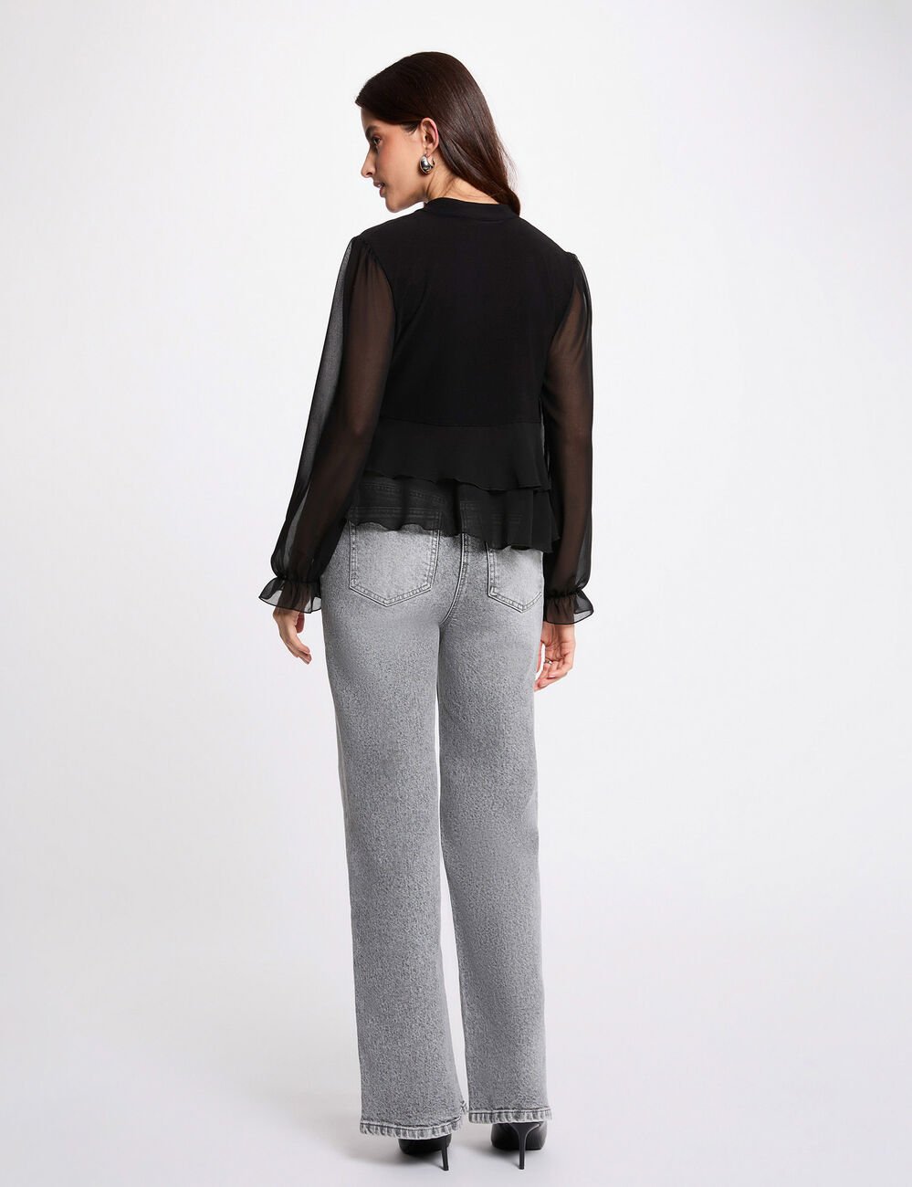 T-shirt met V-hals en ruches zwart vrouw