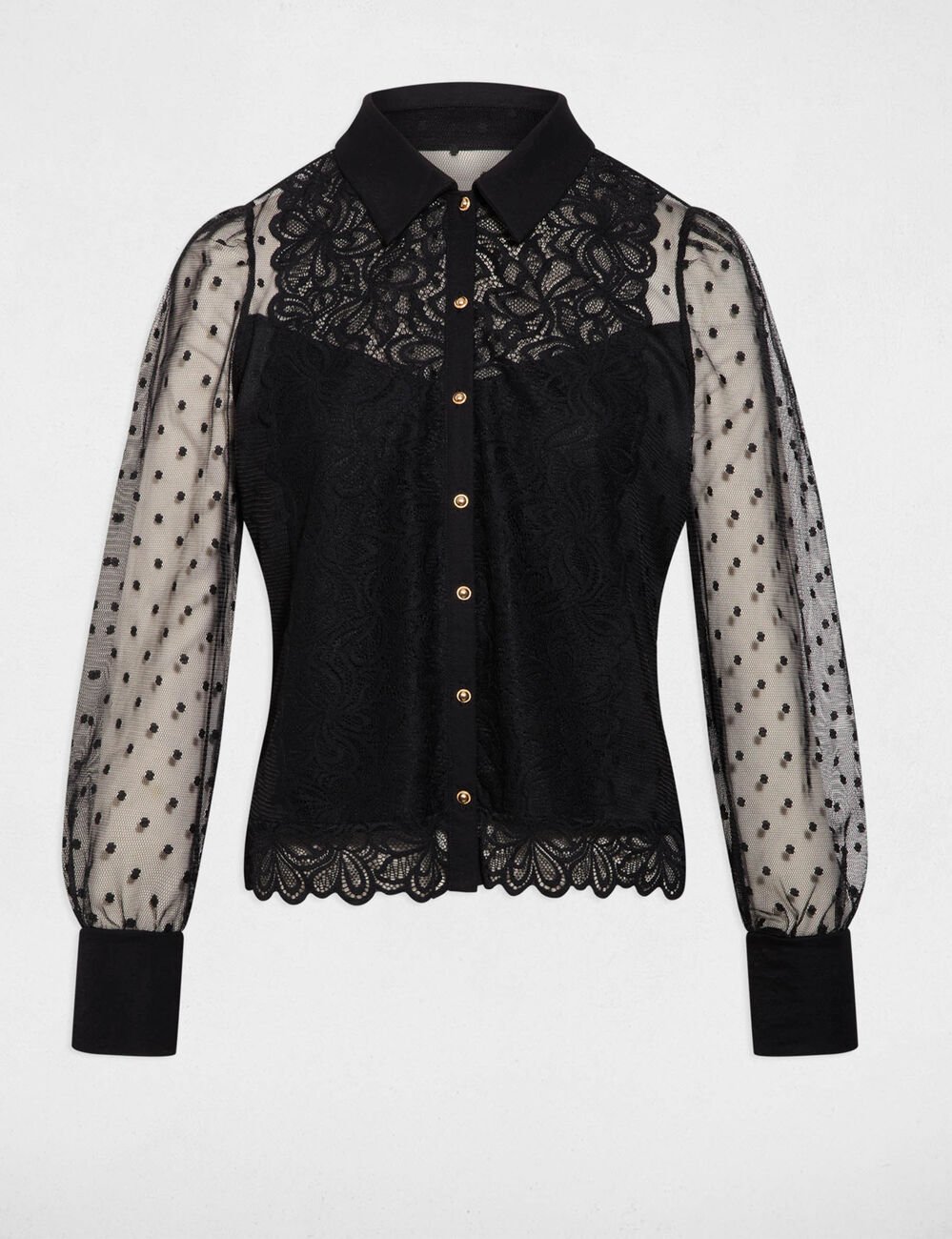 T-shirt met lange mouwen en kant zwart vrouw