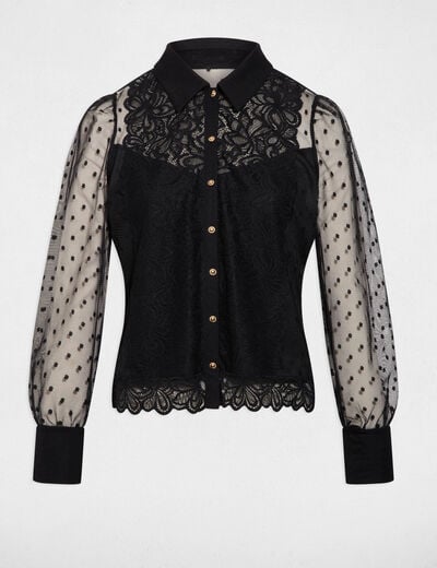 T-shirt met lange mouwen en kant zwart vrouw