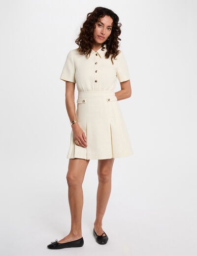 Uitlopende tweed jurk ecru vrouw