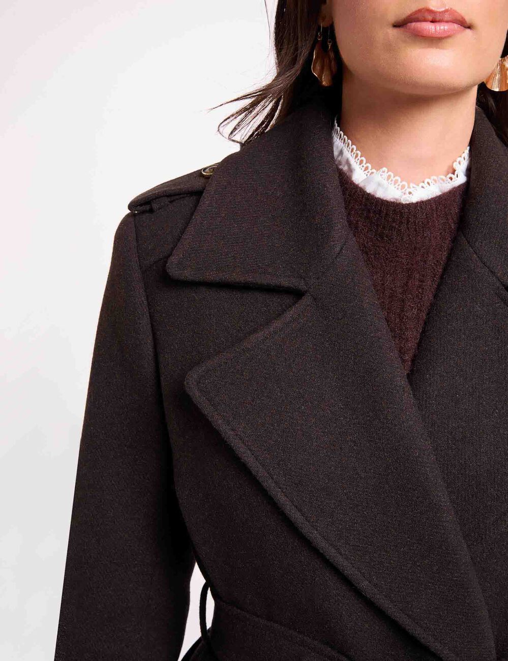 Manteau long ceintur&eacute; marron fonc&eacute; femme