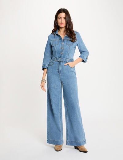 Combinaison jean jambes larges denim stone femme