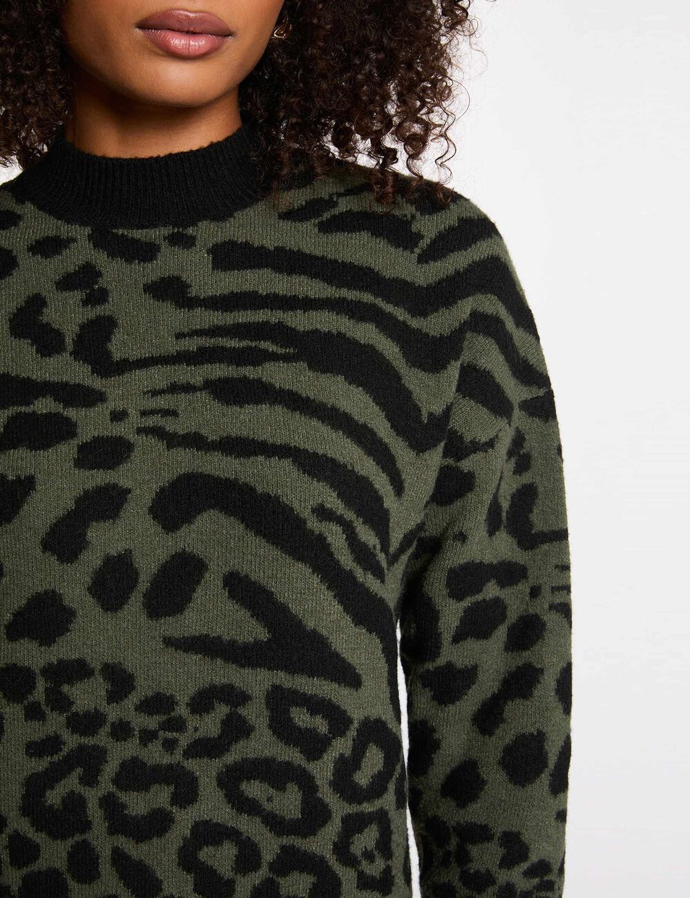 Pull court jacquard vert kaki femme