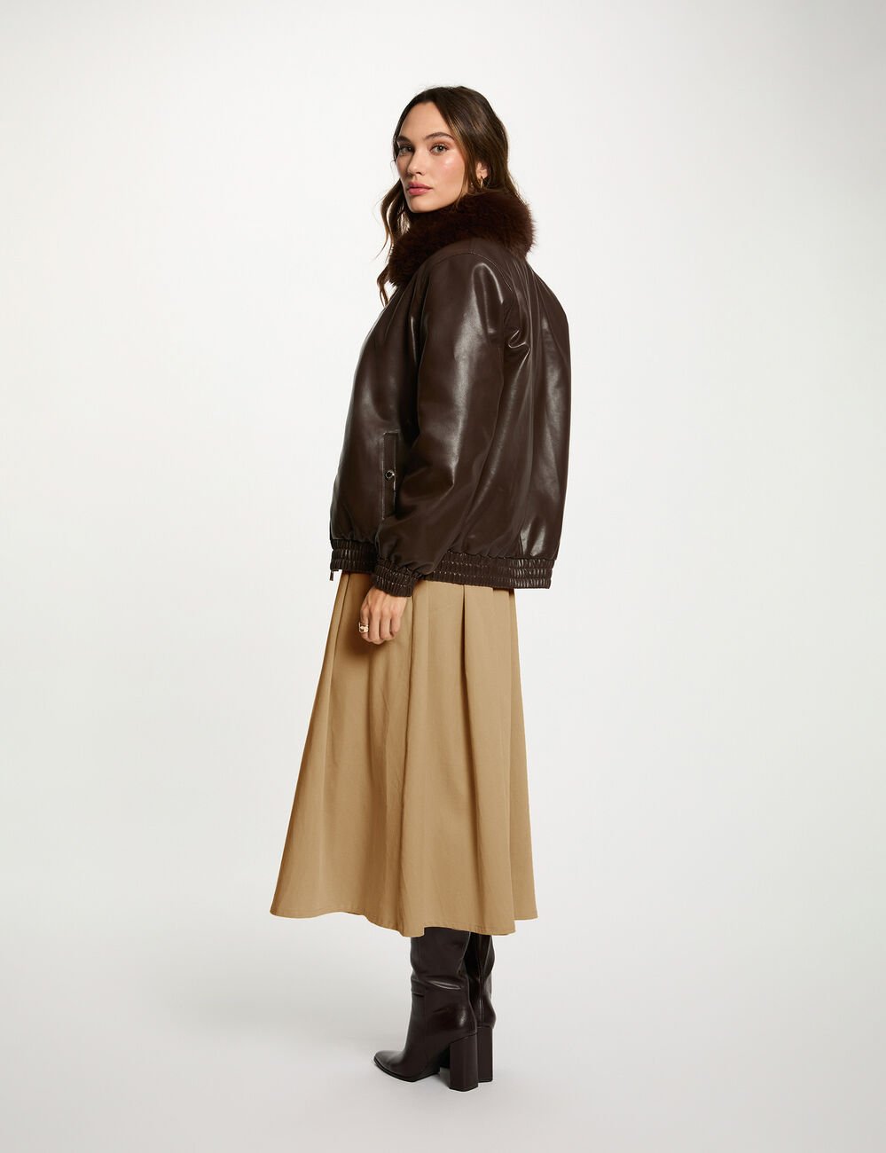Blouson court col fourrure marron fonc&eacute; femme